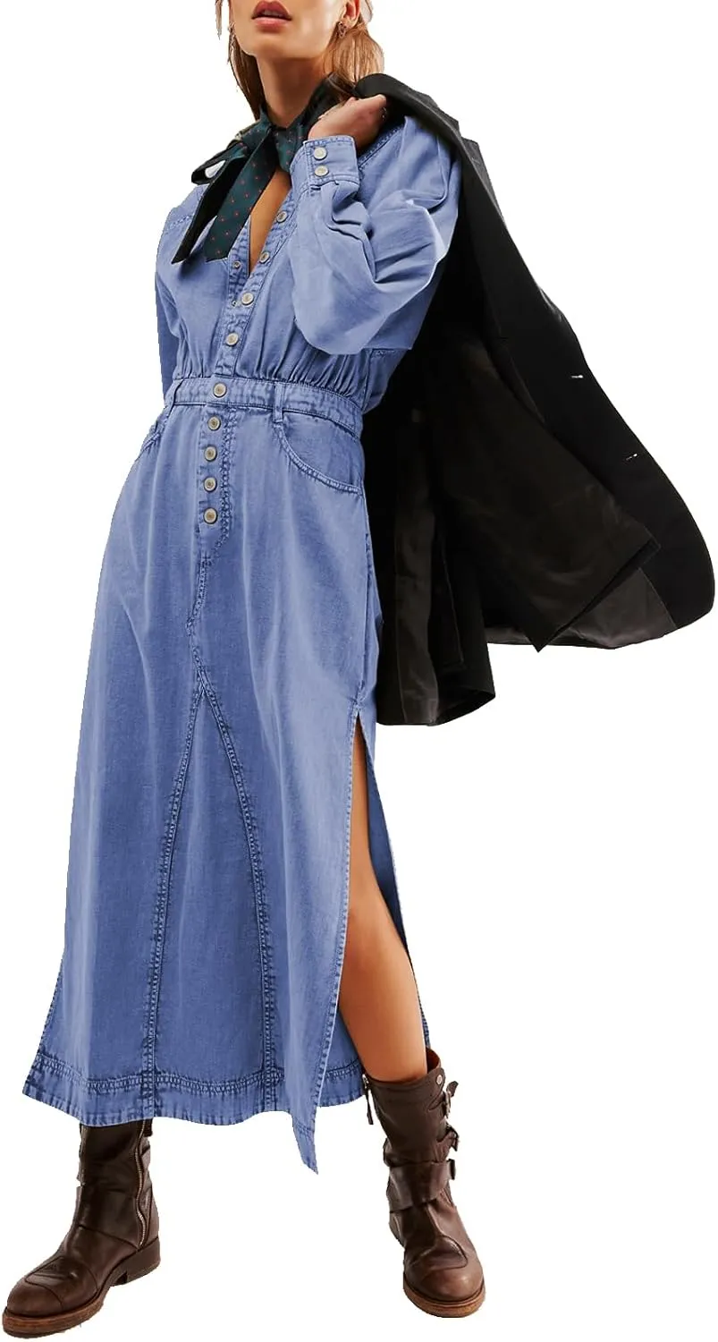 Womens Denim Long Shirt Dress Casual Button Down Jean Dress Collar A-Line Flowy Midi Dress with Pocket