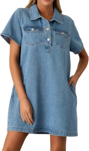 Womens Denim Shirt Dress Summer Collared V Neck Mini Casual Jean Dresses with Pockets