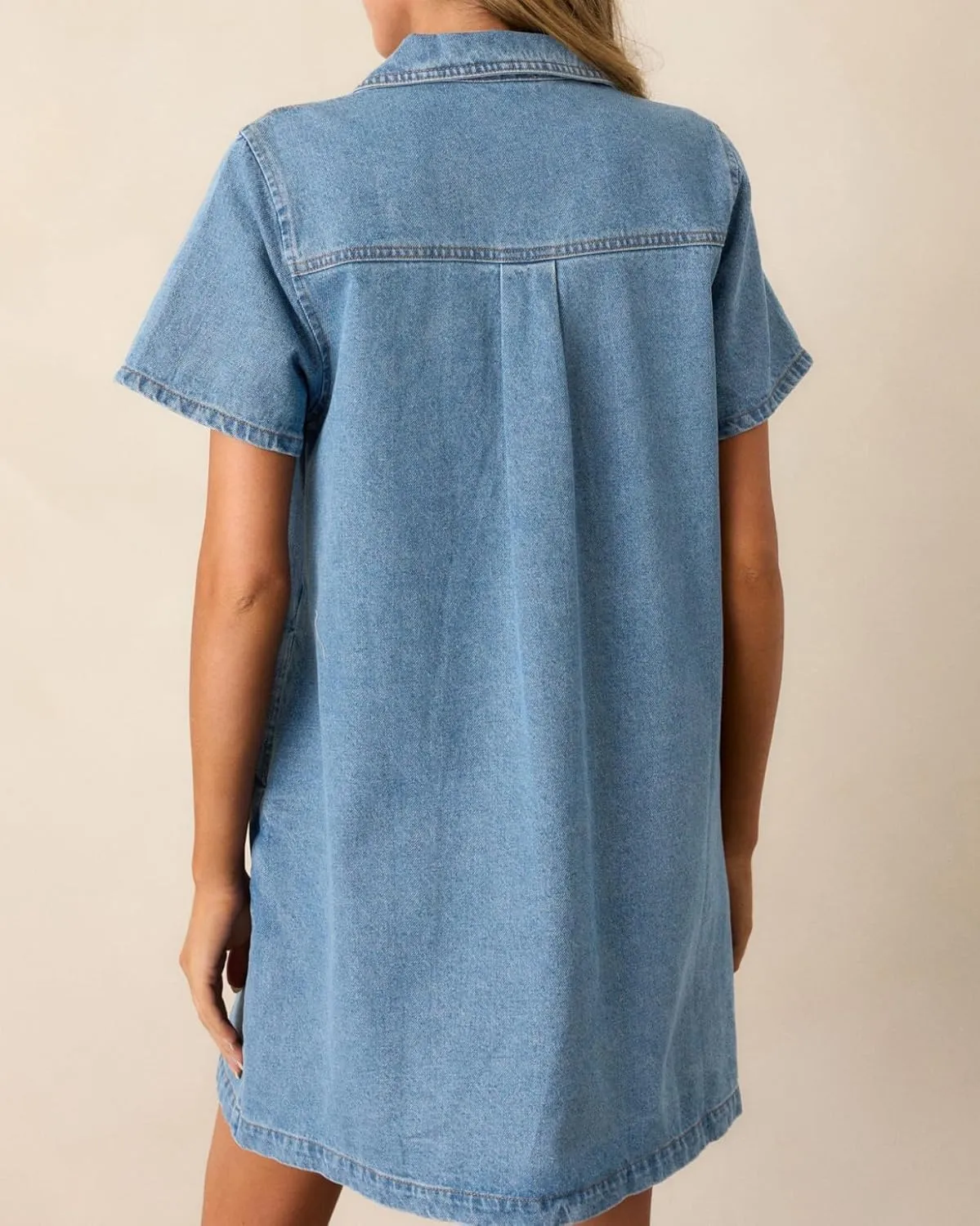 Womens Denim Shirt Dress Summer Collared V Neck Mini Casual Jean Dresses with Pockets