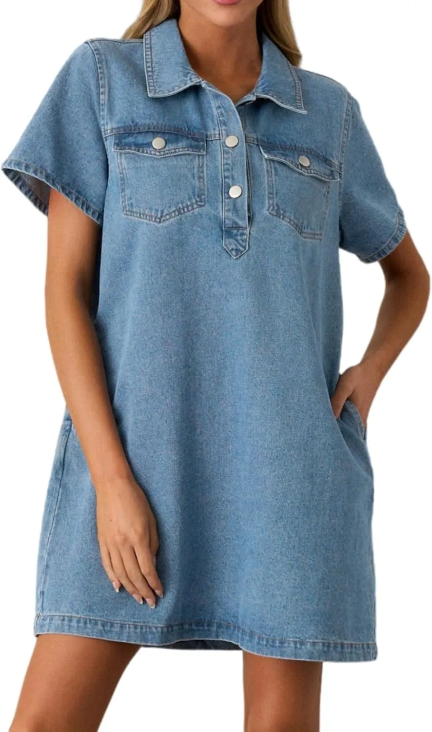 Womens Denim Shirt Dress Summer Collared V Neck Mini Casual Jean Dresses with Pockets