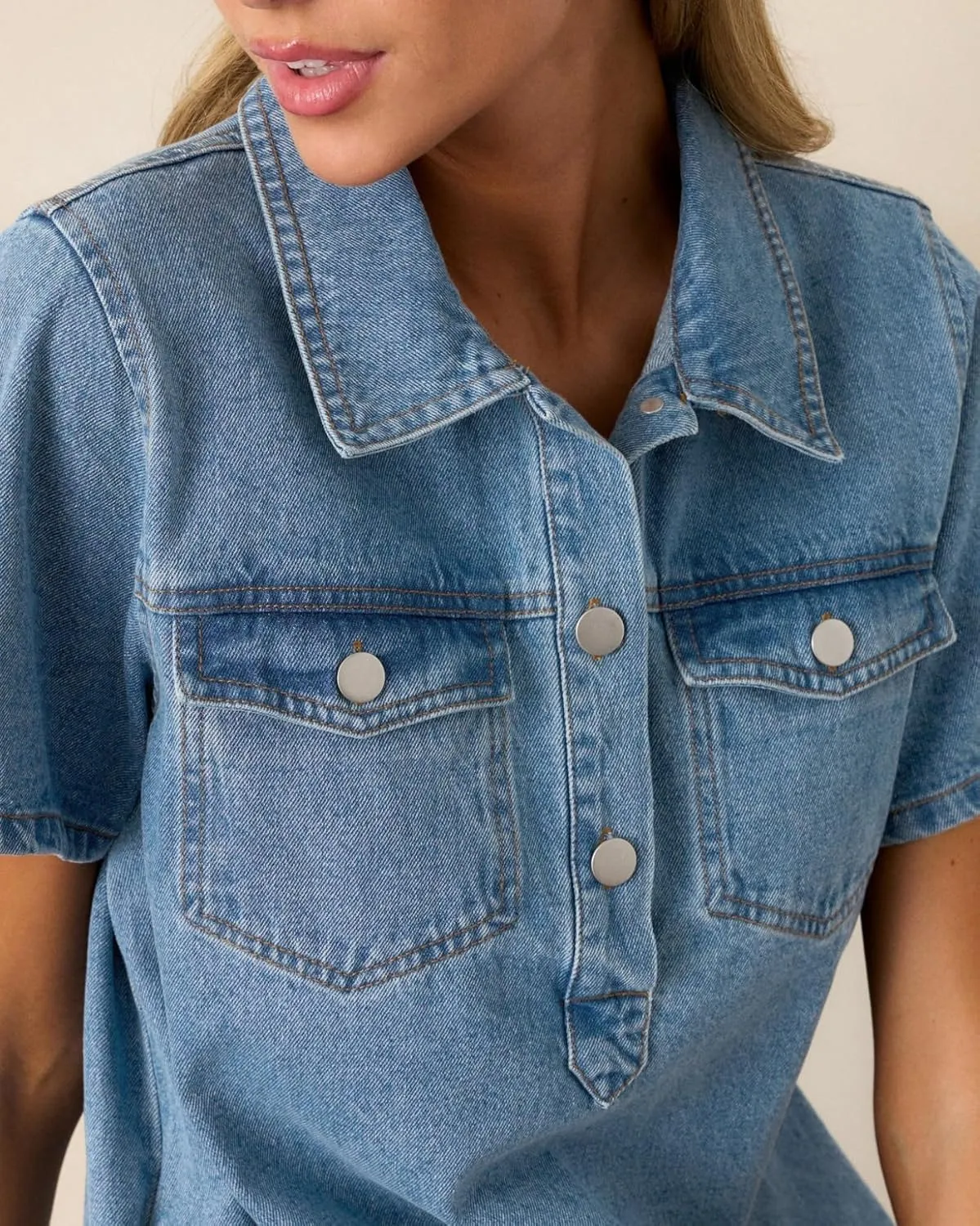 Womens Denim Shirt Dress Summer Collared V Neck Mini Casual Jean Dresses with Pockets