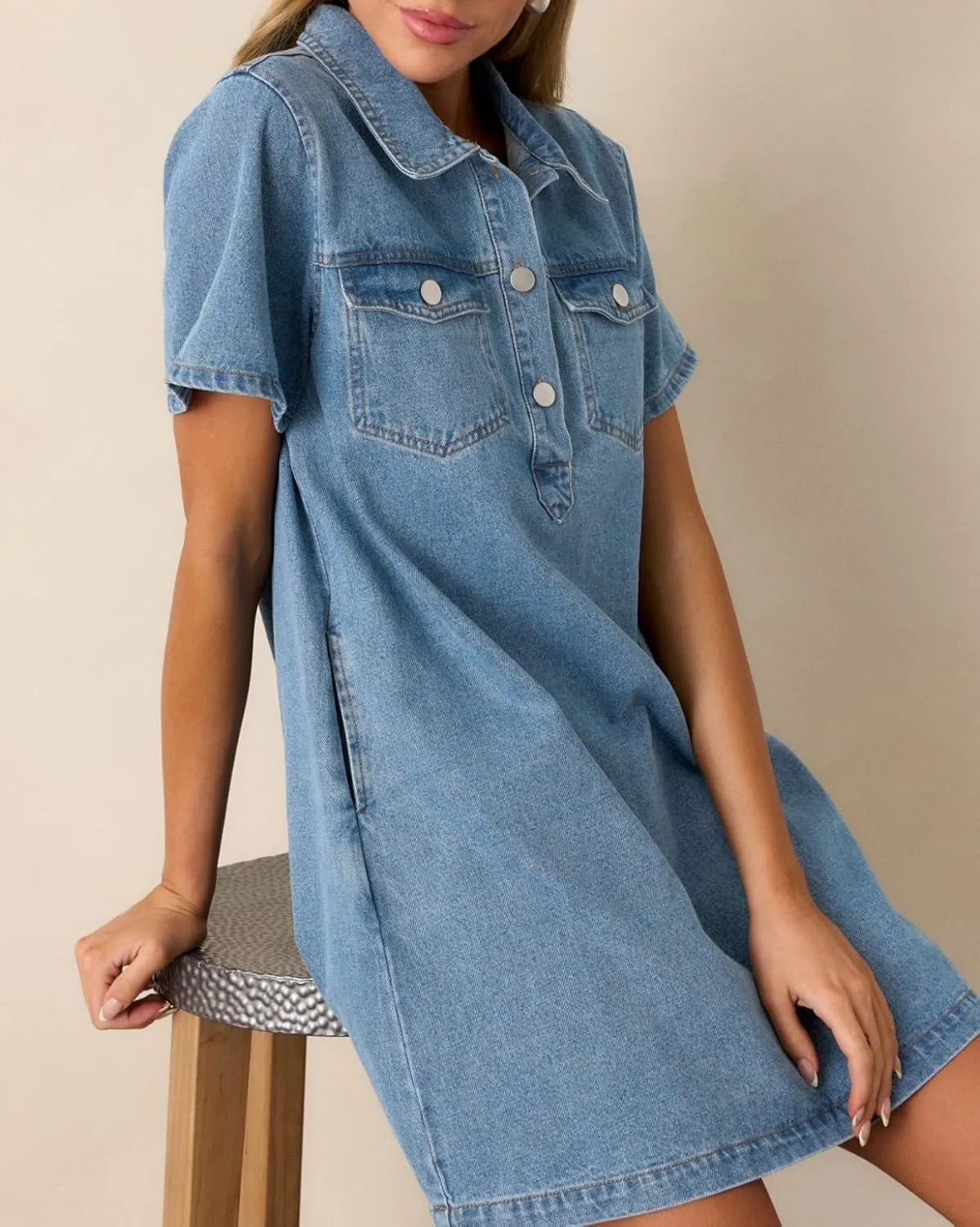 Womens Denim Shirt Dress Summer Collared V Neck Mini Casual Jean Dresses with Pockets