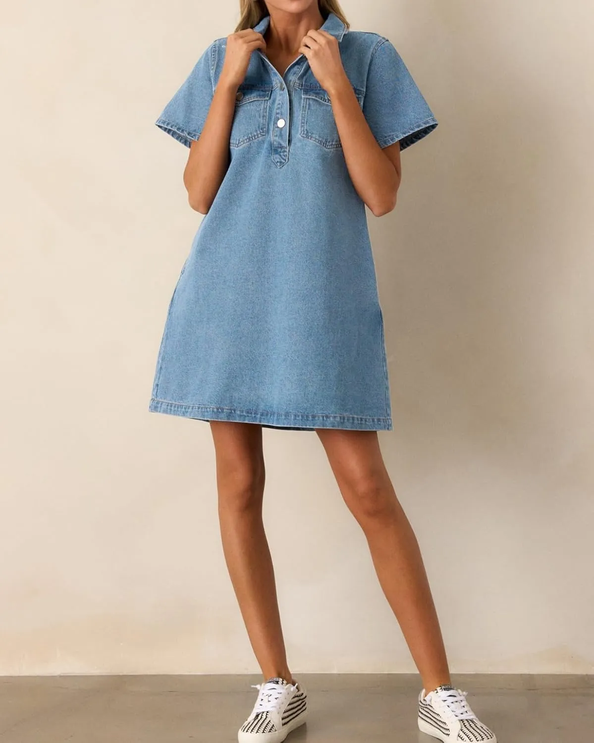 Womens Denim Shirt Dress Summer Collared V Neck Mini Casual Jean Dresses with Pockets