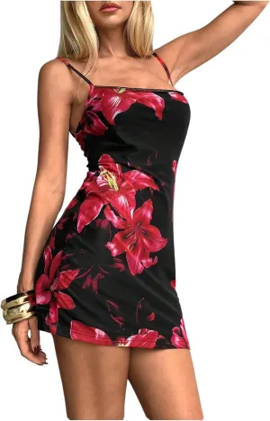 Women's Floral Mini Slip Dress Sleeveless Backless Party Club Bodycon Short Dresses