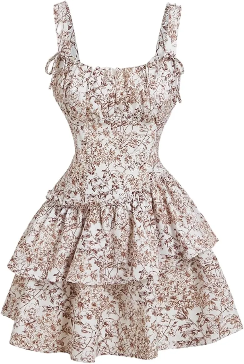 Women's Floral Print Knot Sleeveless Dress Ruched Tiered Layer Ruffle Hem Cami Dresses Boho Summer Mini Dress