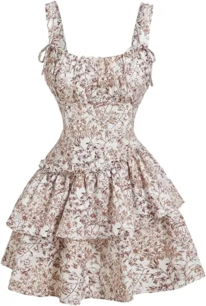 Women's Floral Print Knot Sleeveless Dress Ruched Tiered Layer Ruffle Hem Cami Dresses Boho Summer Mini Dress