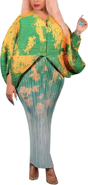Women's Floral Print Pleated Long Dress Elegant Stretchy Flowy Ruched Midi Dress for Party Club