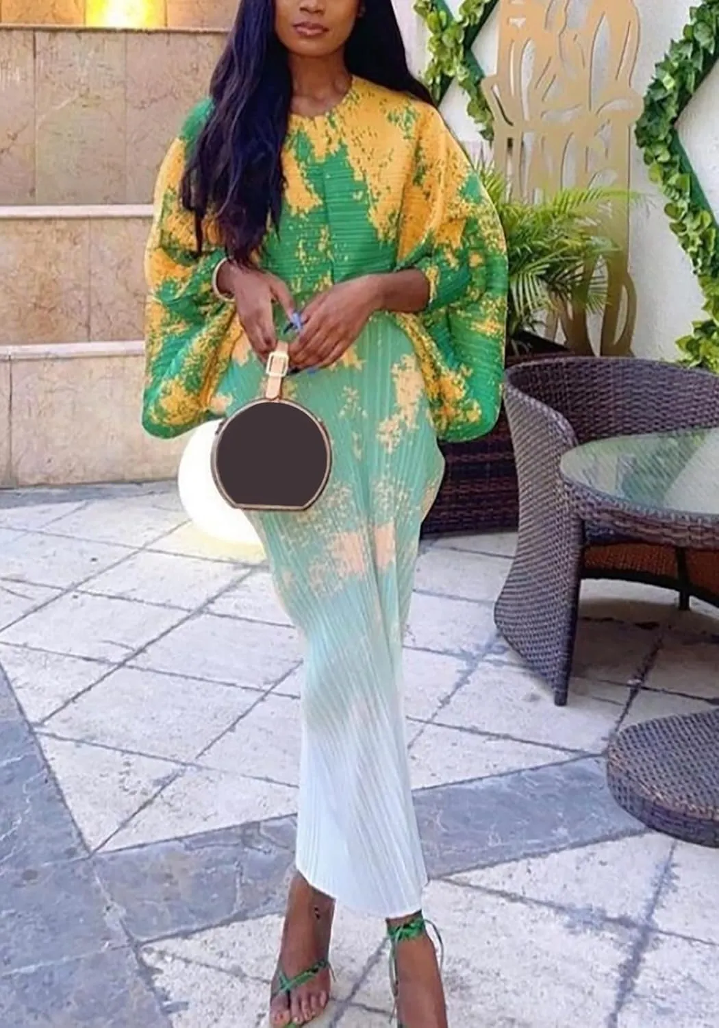 Women's Floral Print Pleated Long Dress Elegant Stretchy Flowy Ruched Midi Dress for Party Club