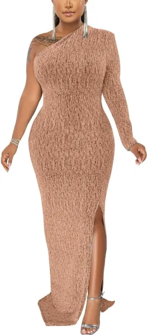 Women's Formal Evening Gowns Elegant Sparkly One Shoulder Maxi Dresses Sexy Long Sleeve High Split Party Long Dress