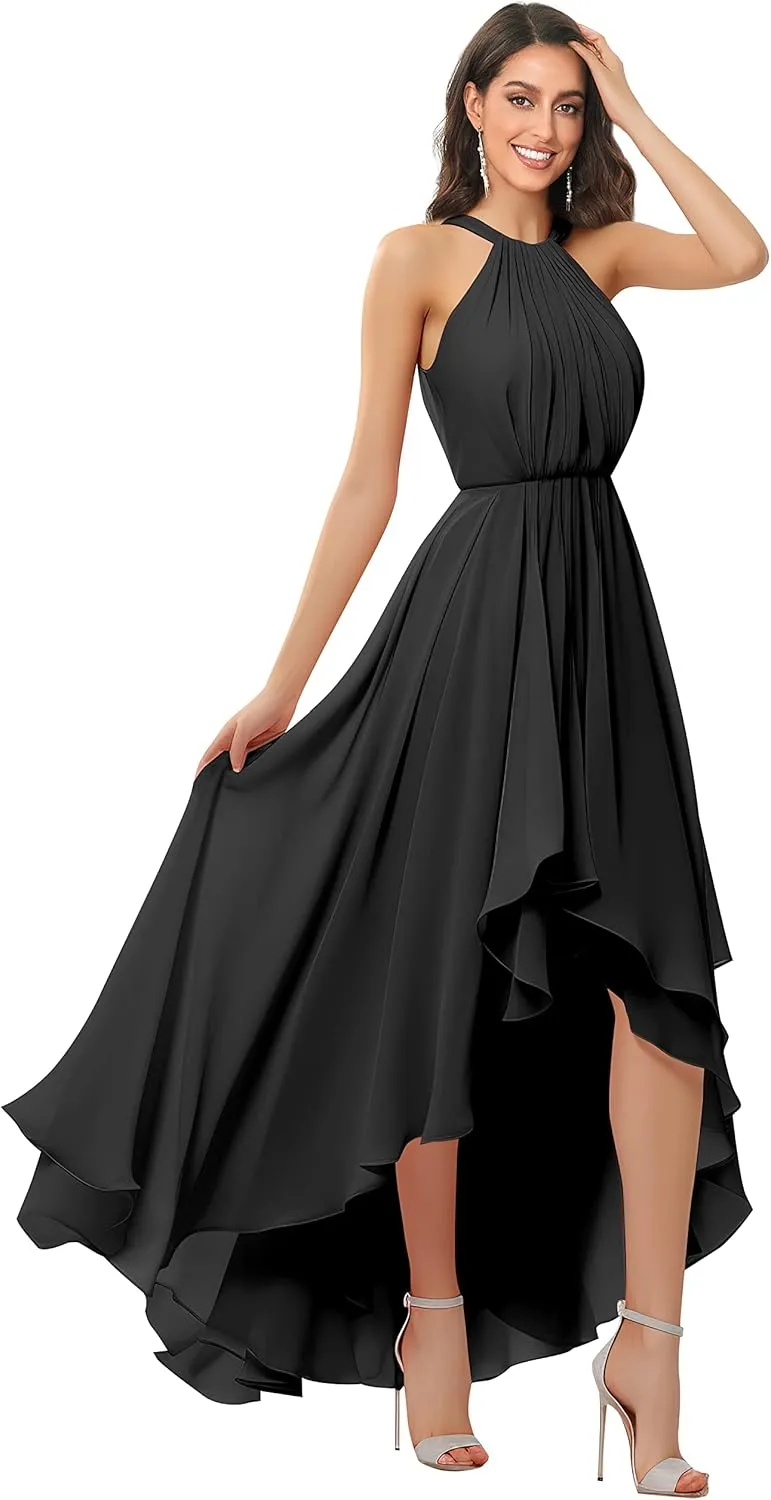 Women's Halter Chiffon Bridesmaid Dresses High Low for Wedding A-Line Pleated Formal Gown with Pockets