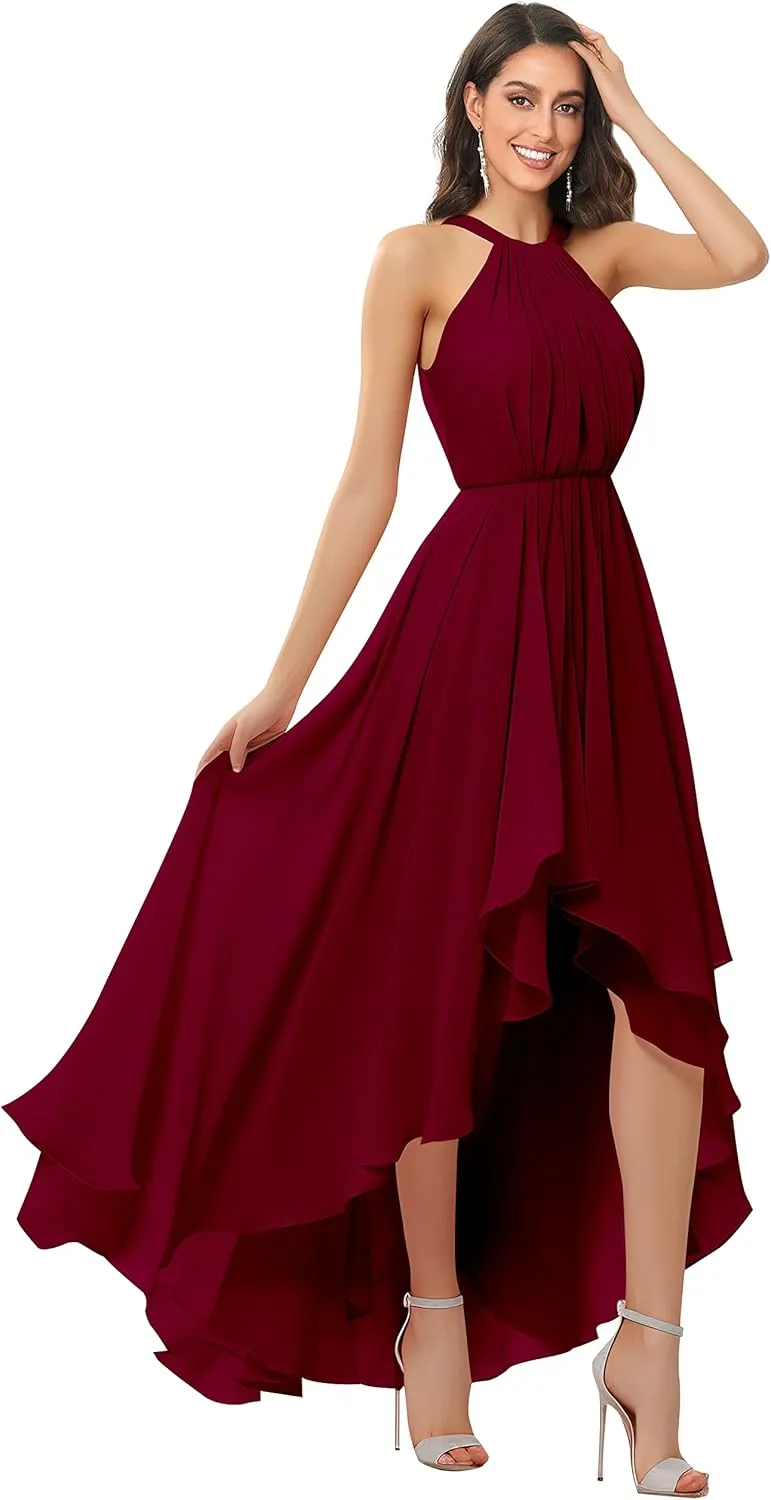 Women's Halter Chiffon Bridesmaid Dresses High Low for Wedding A-Line Pleated Formal Gown with Pockets