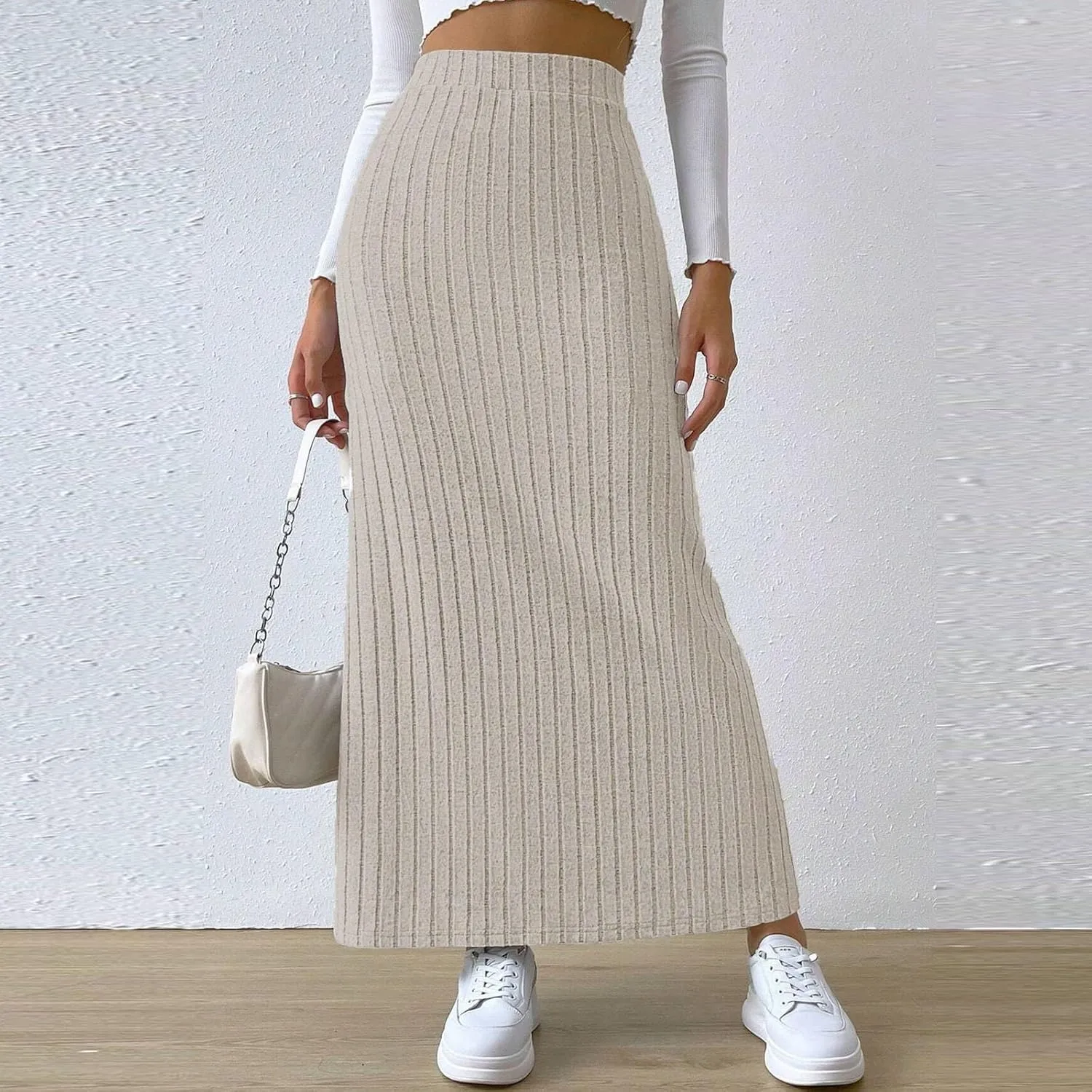Women's High Waist Stretchy Rib Knit Split Slit Hem Midi Pencil Skirt Pleated Skirt with Stripe