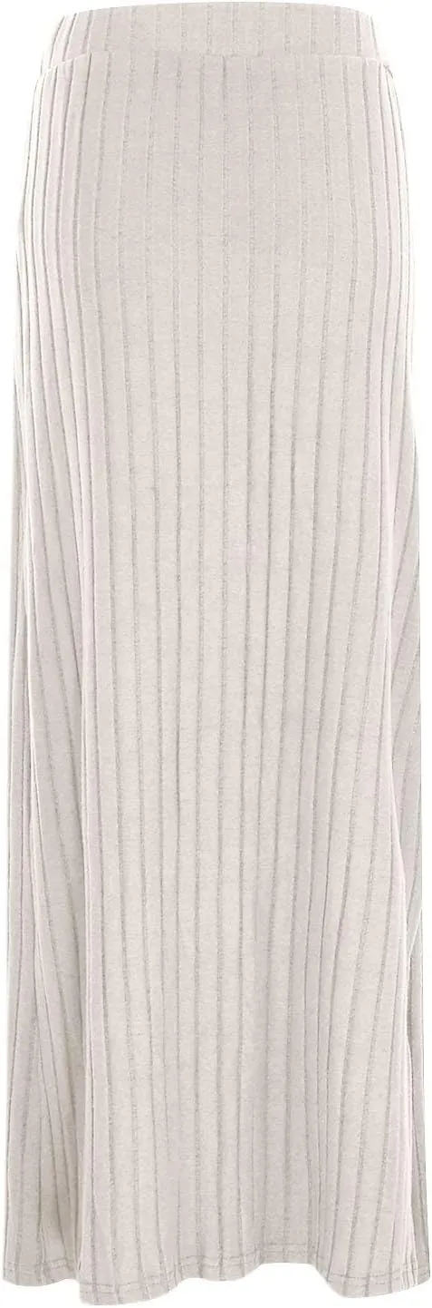 Women's High Waist Stretchy Rib Knit Split Slit Hem Midi Pencil Skirt Pleated Skirt with Stripe