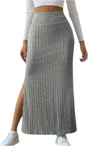 Women's High Waist Stretchy Rib Knit Split Slit Hem Midi Pencil Skirt Pleated Skirt with Stripe