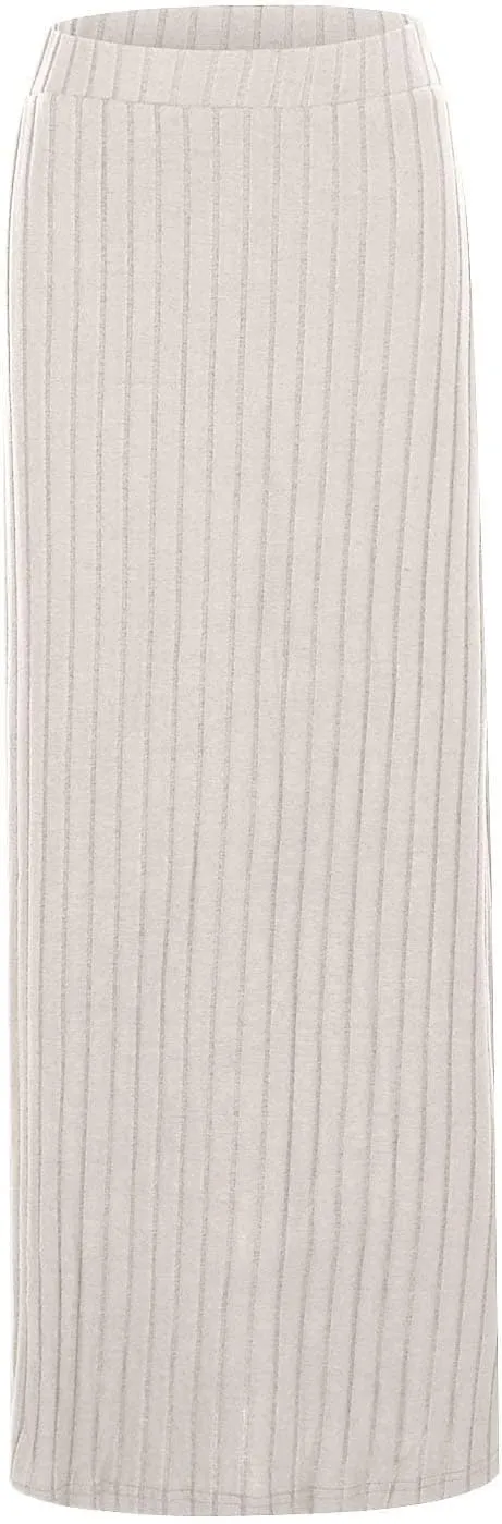 Women's High Waist Stretchy Rib Knit Split Slit Hem Midi Pencil Skirt Pleated Skirt with Stripe
