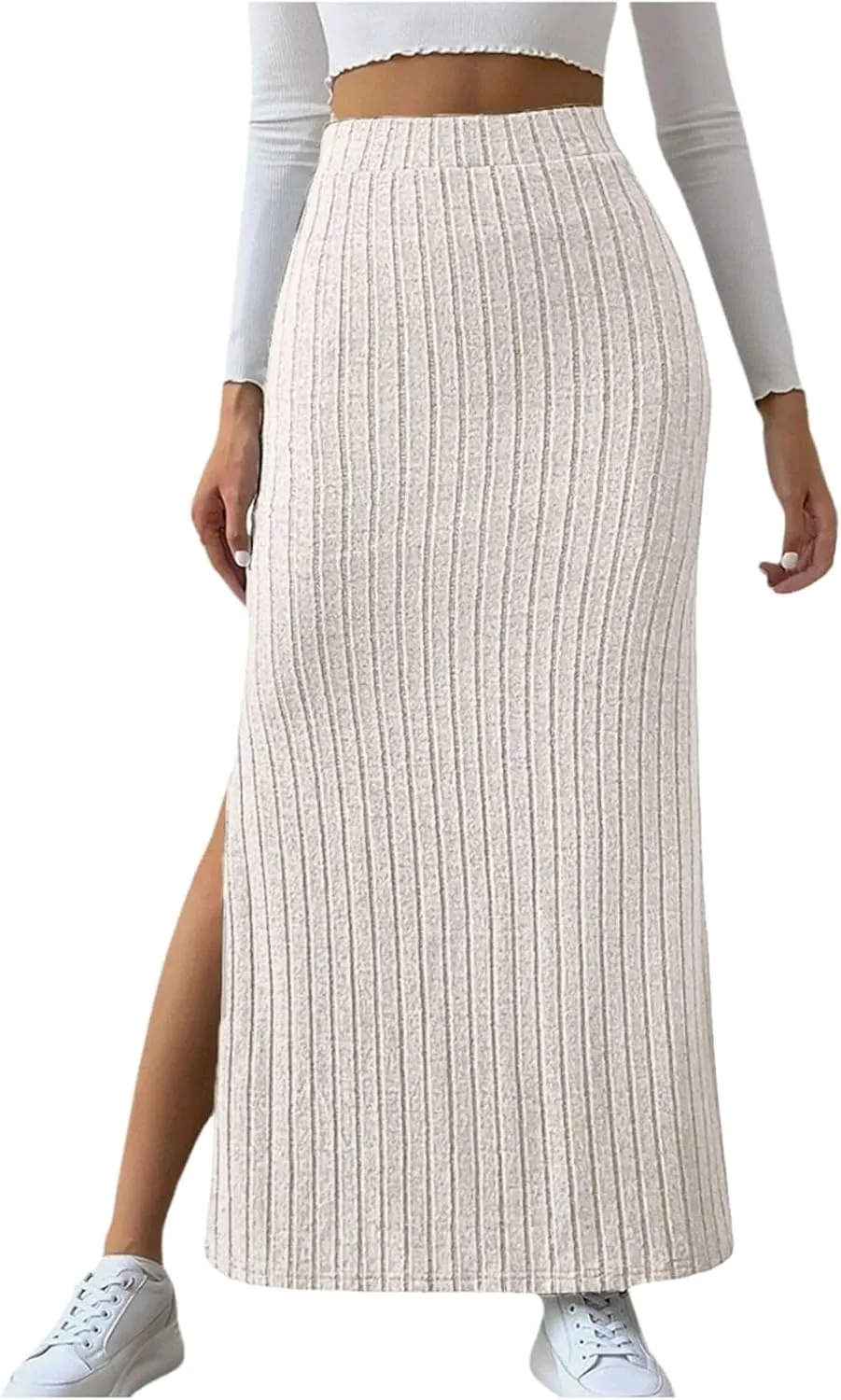 Women's High Waist Stretchy Rib Knit Split Slit Hem Midi Pencil Skirt Pleated Skirt with Stripe