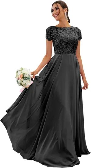 Women's Lace Bridesmaid Dresses Long for Wedding Cap Sleeves Chiffon A-Line Formal Gown with Pockets