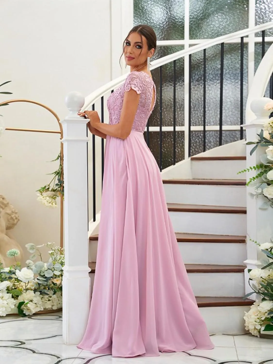 Women's Lace Bridesmaid Dresses Long for Wedding Cap Sleeves Chiffon A-Line Formal Gown with Pockets