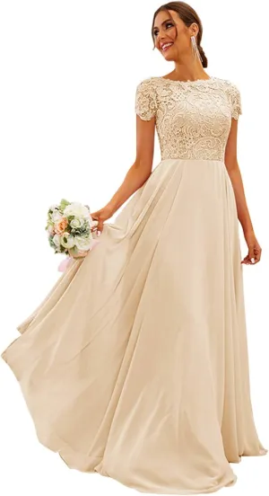 Women's Lace Bridesmaid Dresses Long for Wedding Cap Sleeves Chiffon A-Line Formal Gown with Pockets