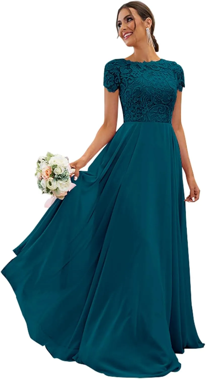 Women's Lace Bridesmaid Dresses Long for Wedding Cap Sleeves Chiffon A-Line Formal Gown with Pockets