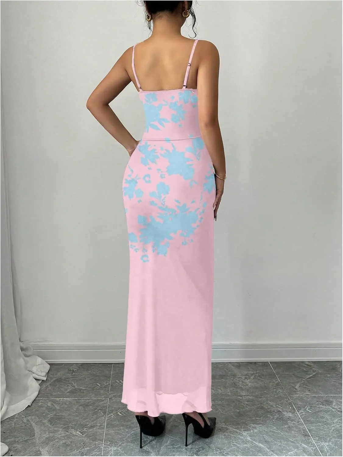 Women's Lace Trim Cami Dress Mesh Square Neck Maxi Dress Party Bodycon Dresses
