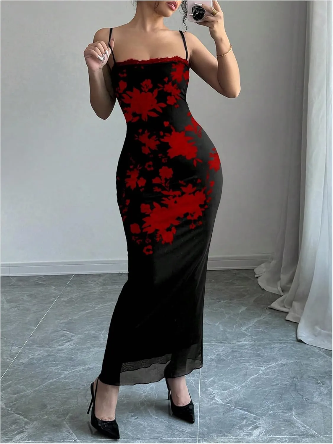 Women's Lace Trim Cami Dress Mesh Square Neck Maxi Dress Party Bodycon Dresses