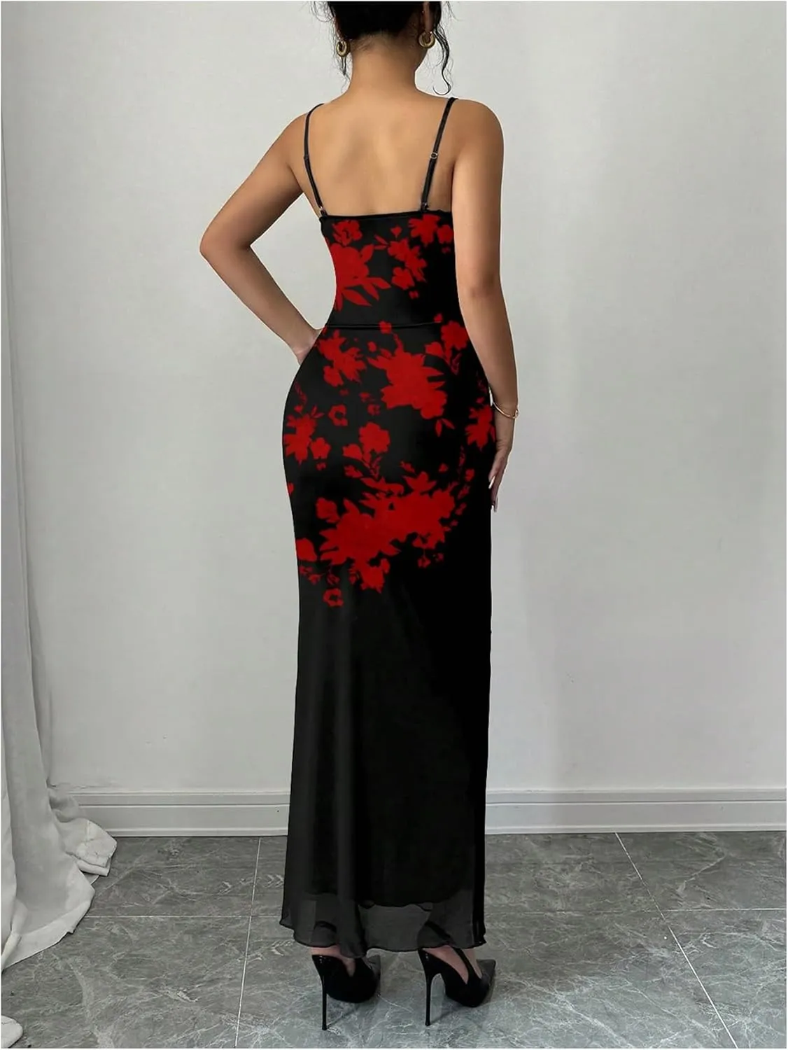 Women's Lace Trim Cami Dress Mesh Square Neck Maxi Dress Party Bodycon Dresses