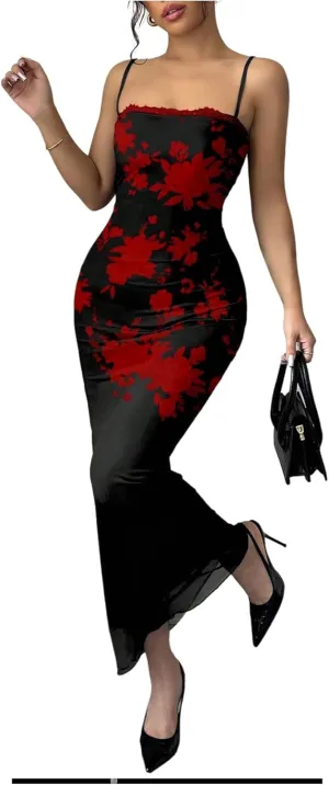 Women's Lace Trim Cami Dress Mesh Square Neck Maxi Dress Party Bodycon Dresses