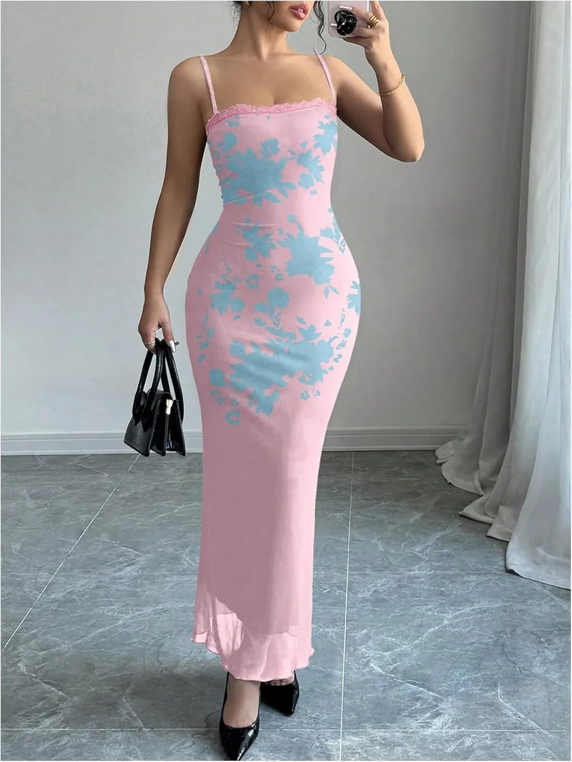 Women's Lace Trim Cami Dress Mesh Square Neck Maxi Dress Party Bodycon Dresses