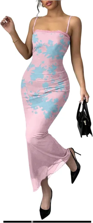 Women's Lace Trim Cami Dress Mesh Square Neck Maxi Dress Party Bodycon Dresses