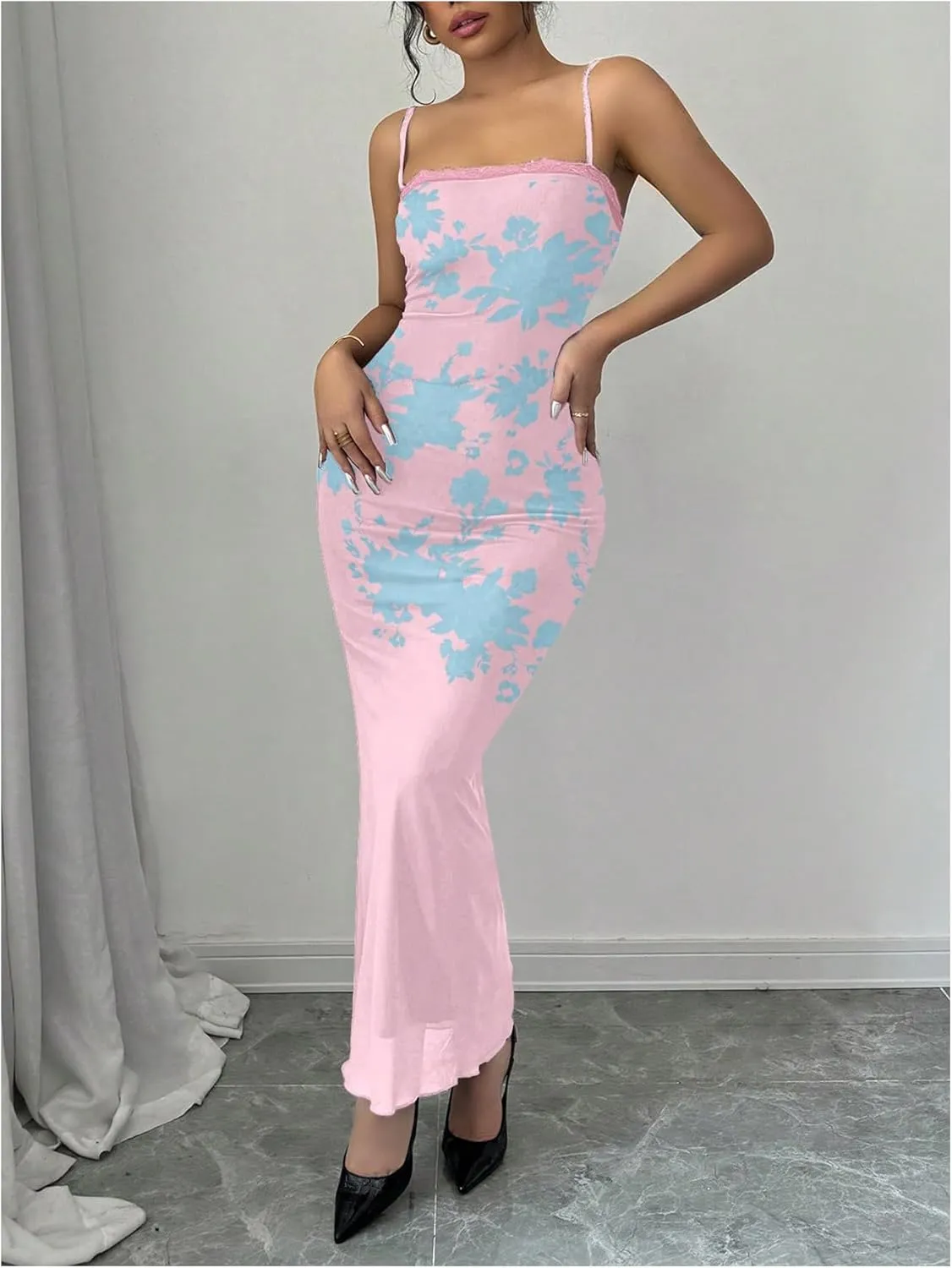 Women's Lace Trim Cami Dress Mesh Square Neck Maxi Dress Party Bodycon Dresses