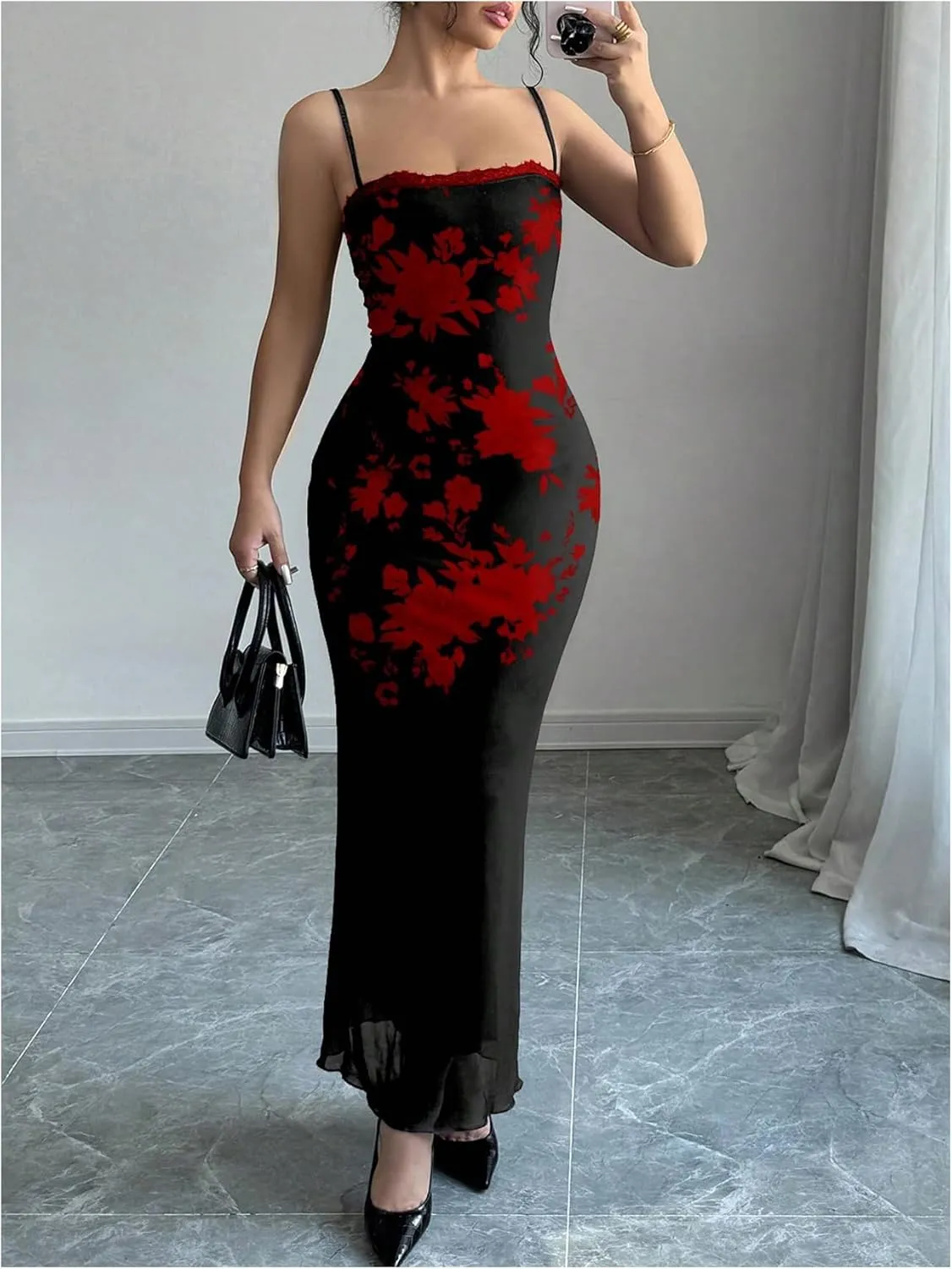 Women's Lace Trim Cami Dress Mesh Square Neck Maxi Dress Party Bodycon Dresses