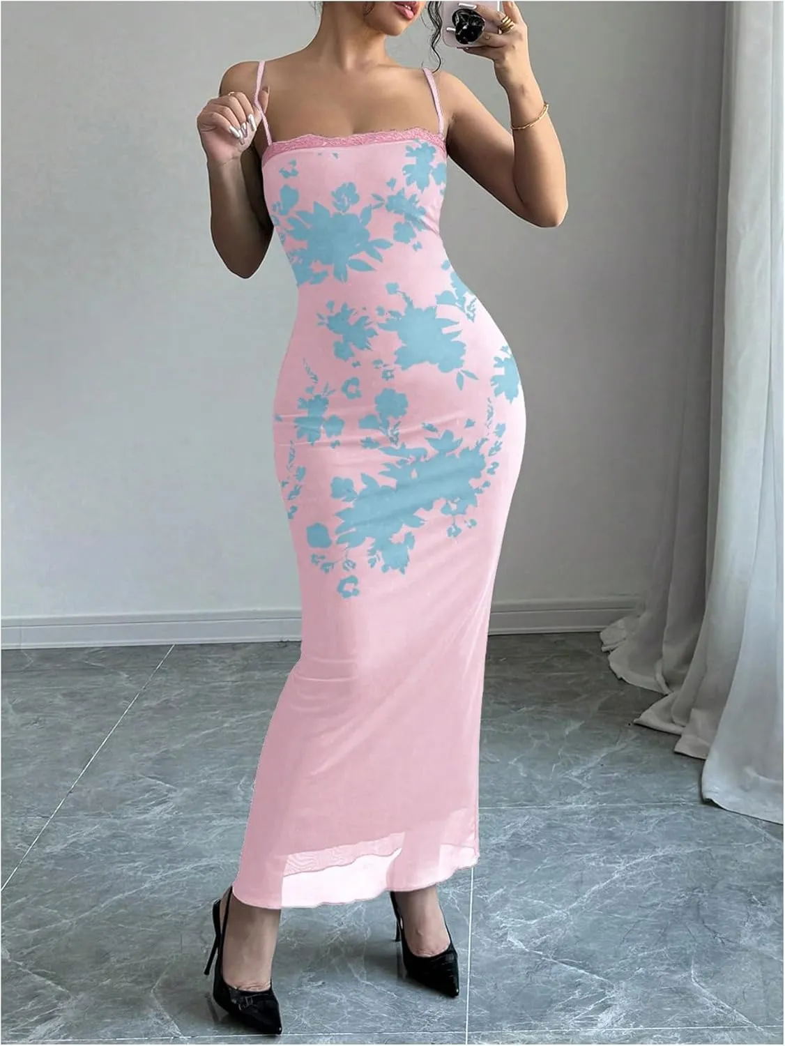 Women's Lace Trim Cami Dress Mesh Square Neck Maxi Dress Party Bodycon Dresses