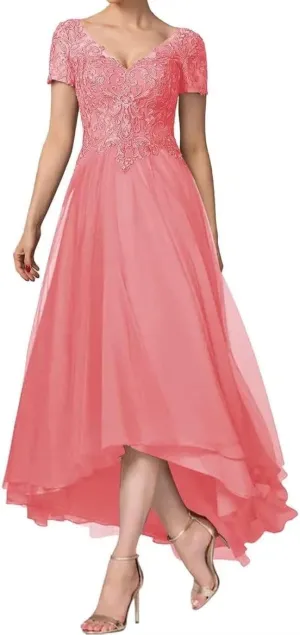 Women's Laces Appliques Mother of The Bride Dresses for Wedding Tea Length Cap Sleeves Mother of The Groom Dresses