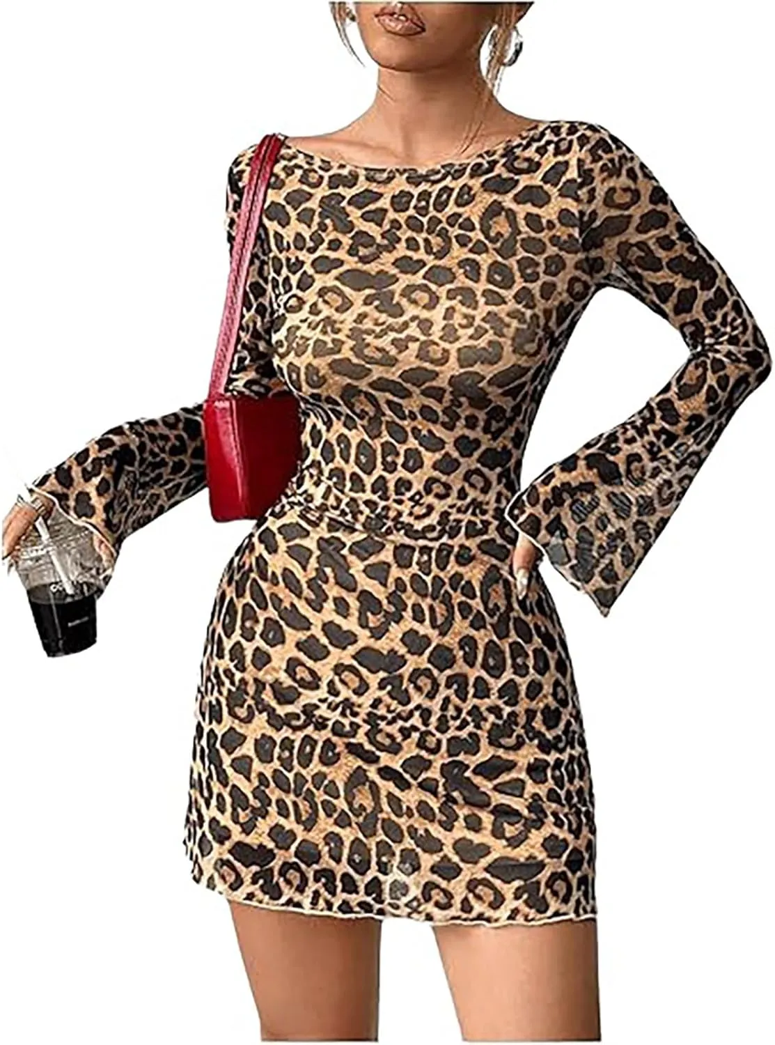 Women's Leopard Mini Dress Bell Long Sleeve Y2k Cheetah Print Bodycon Mini Dress Goingout