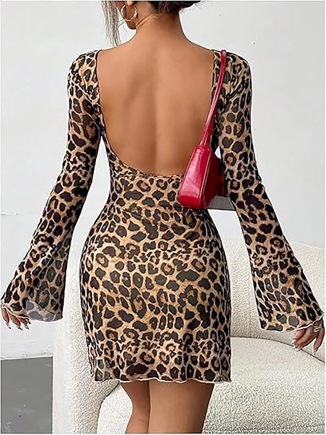Women's Leopard Mini Dress Bell Long Sleeve Y2k Cheetah Print Bodycon Mini Dress Goingout