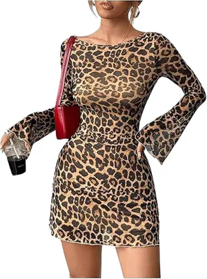Women's Leopard Mini Dress Bell Long Sleeve Y2k Cheetah Print Bodycon Mini Dress Goingout