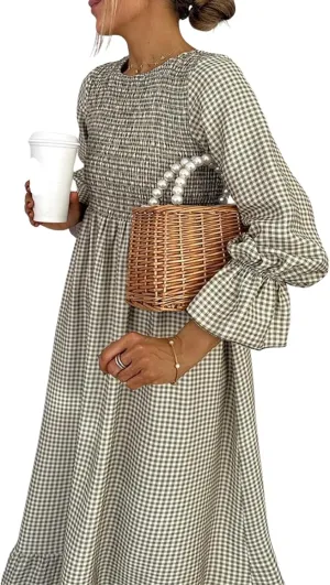 Women's Loose Green Plaid Puff Long Sleeve Crewneck Maxi Dresses 2025 Spring Summer Stylish A-Line Beach Dress