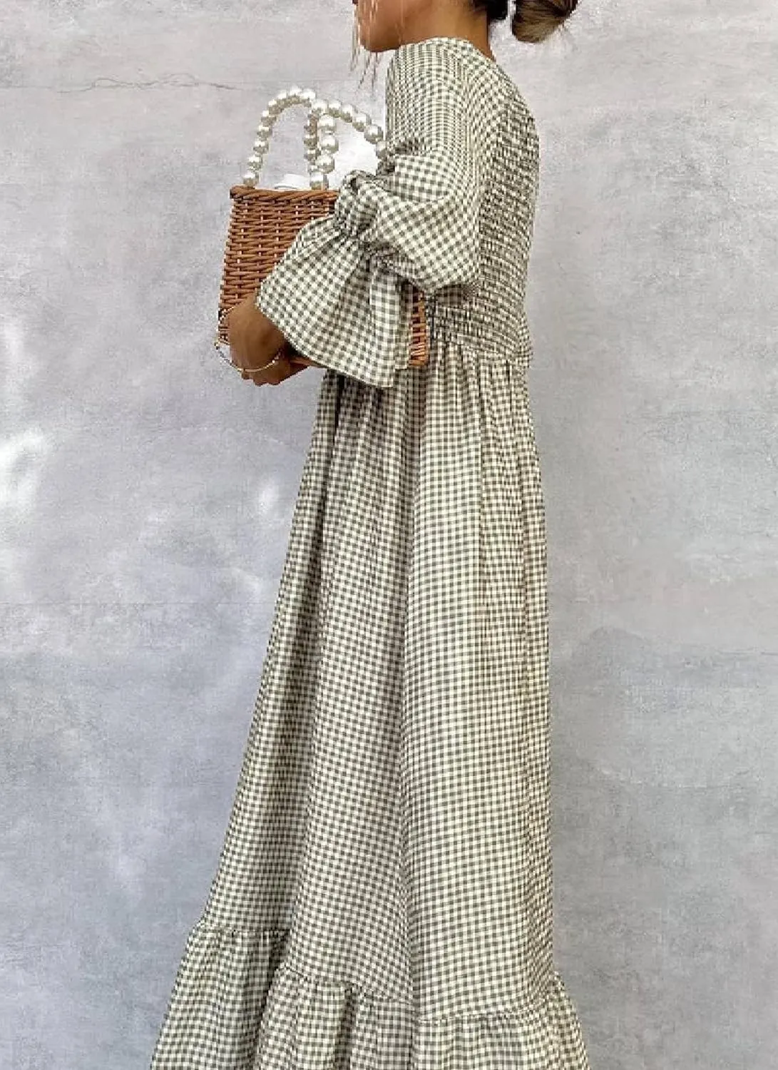 Women's Loose Green Plaid Puff Long Sleeve Crewneck Maxi Dresses 2025 Spring Summer Stylish A-Line Beach Dress