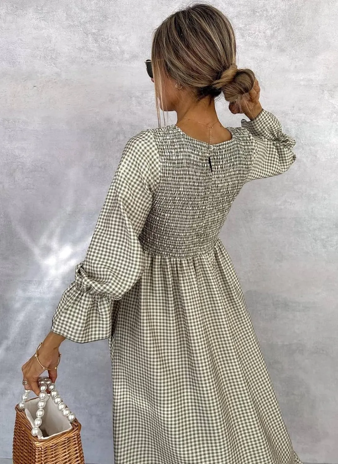 Women's Loose Green Plaid Puff Long Sleeve Crewneck Maxi Dresses 2025 Spring Summer Stylish A-Line Beach Dress