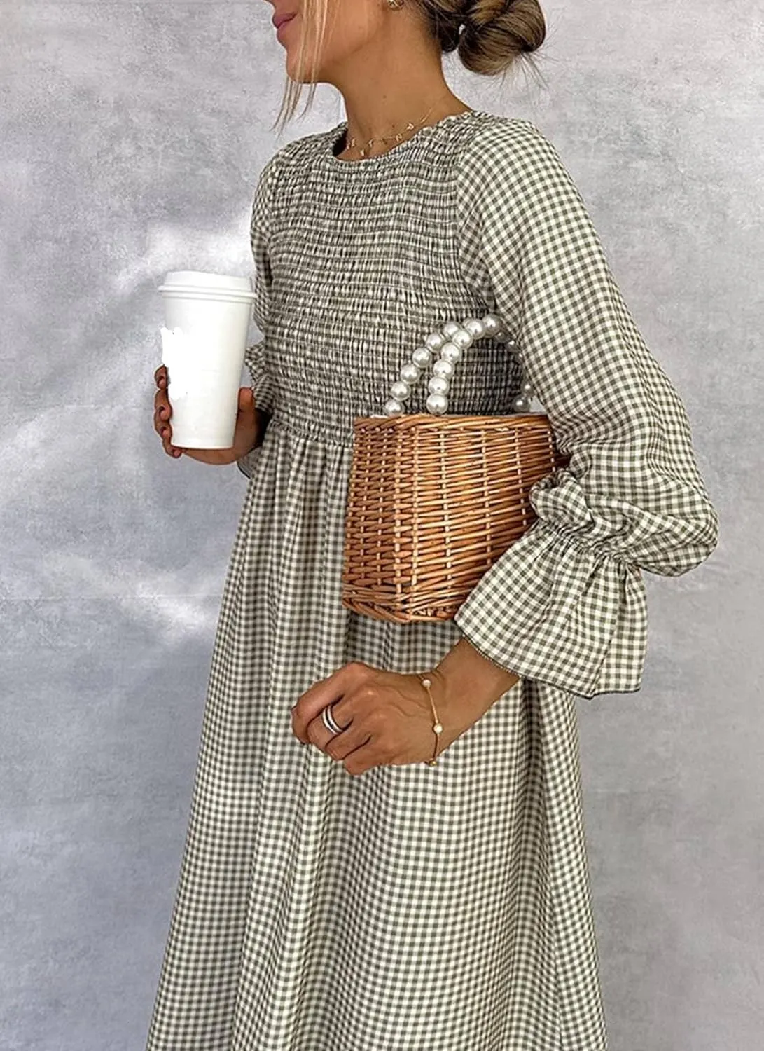 Women's Loose Green Plaid Puff Long Sleeve Crewneck Maxi Dresses 2025 Spring Summer Stylish A-Line Beach Dress