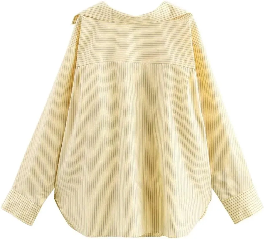 Women's Loose Shirt Turn-Down Collar Long Sleeve High Waist Straight Striped Pants Casual Two Piece Set