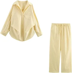 Women's Loose Shirt Turn-Down Collar Long Sleeve High Waist Straight Striped Pants Casual Two Piece Set