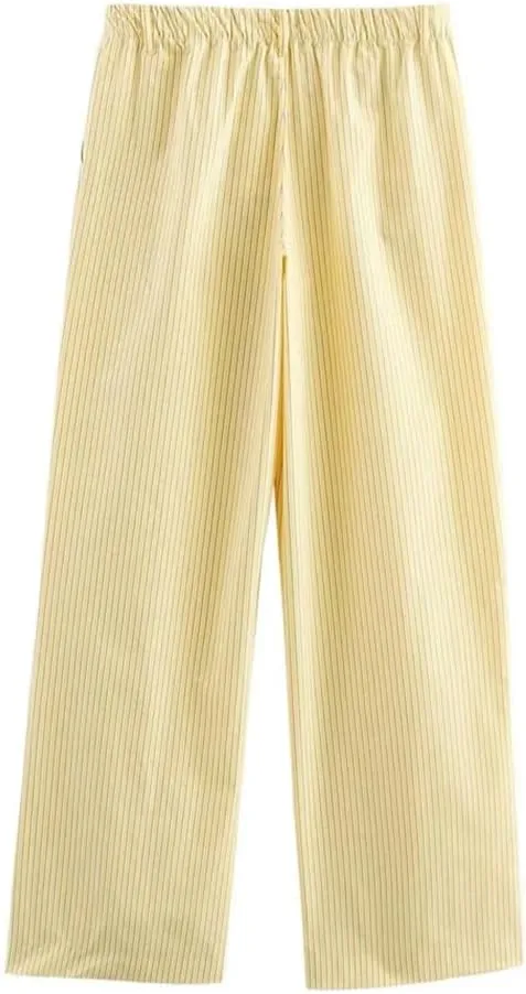 Women's Loose Shirt Turn-Down Collar Long Sleeve High Waist Straight Striped Pants Casual Two Piece Set
