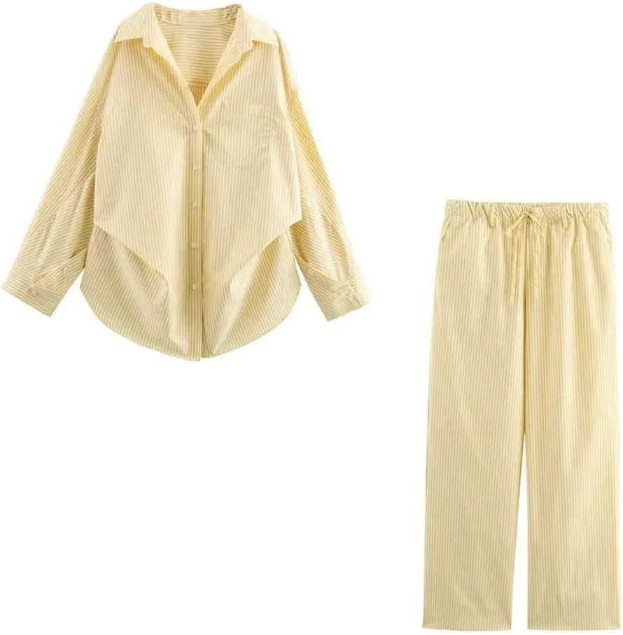 Women's Loose Shirt Turn-Down Collar Long Sleeve High Waist Straight Striped Pants Casual Two Piece Set