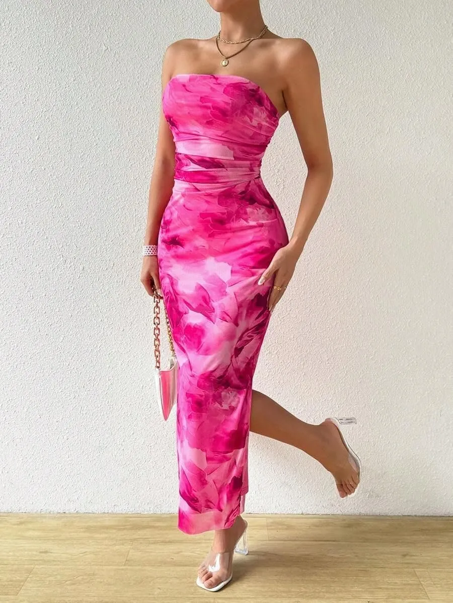 Women's Mesh Floral Strapless Bodycon Maxi Dress Ruched Long Tube Dresses Summe Sexy Party Club Dress Y2K Dresses