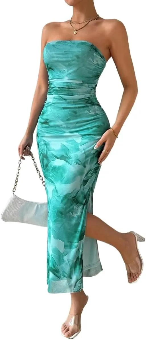 Women's Mesh Floral Strapless Bodycon Maxi Dress Ruched Long Tube Dresses Summe Sexy Party Club Dress Y2K Dresses