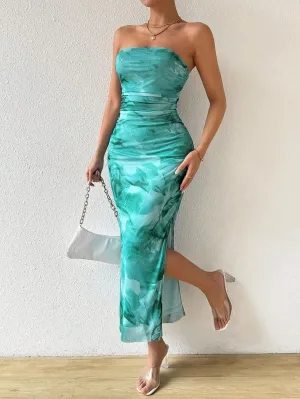Women's Mesh Floral Strapless Bodycon Maxi Dress Ruched Long Tube Dresses Summe Sexy Party Club Dress Y2K Dresses