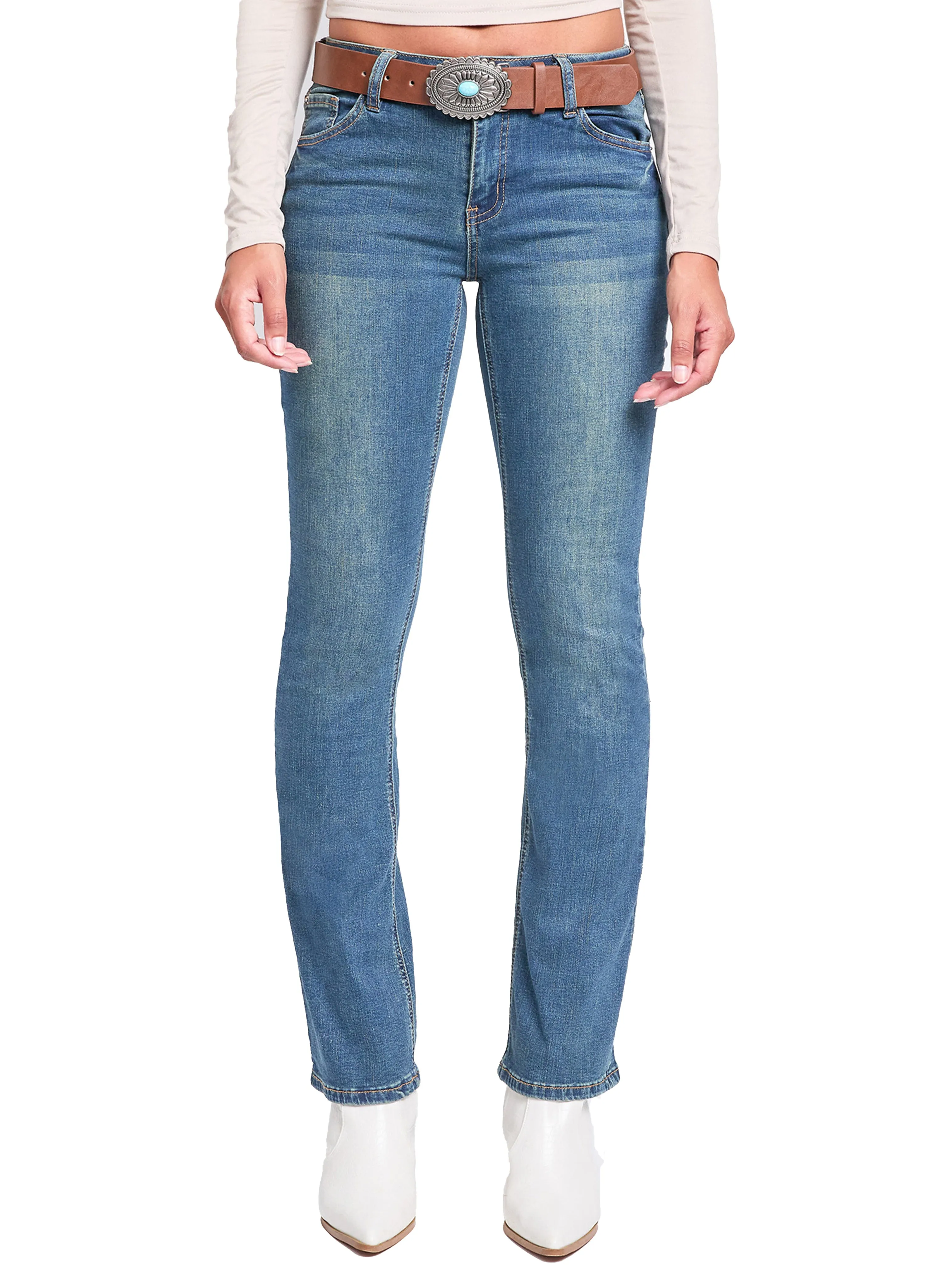 Women's Mid Rise Belted Bootcut Jeans