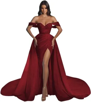 Women's Off The Shoulder Prom Dresses Long Ball Gown with Tran Sparkly Sequins Mermaid Formal Evening Gown